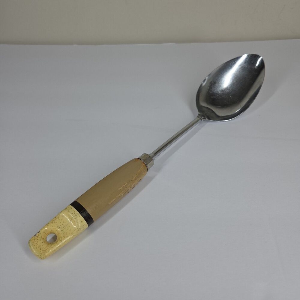 Vtg Ekco USA Chromium Plated Serving Cooking Spoon Painted Wooden Handle